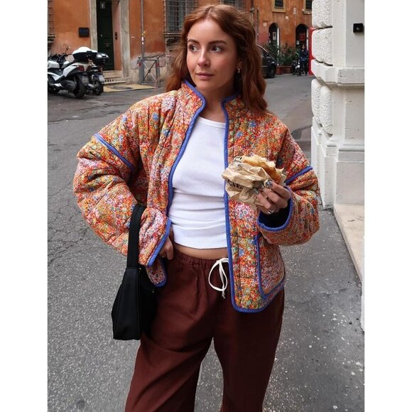 Women’s Orange  Cropped Puffer Quilted Jacket Floral Print Lightweight Coat - Picture 4 of 7